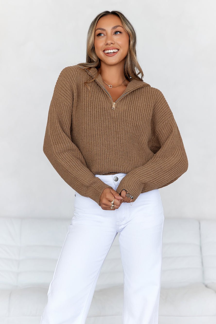 Snowfall Knitted Half Zip Jumper Brown - Image 3