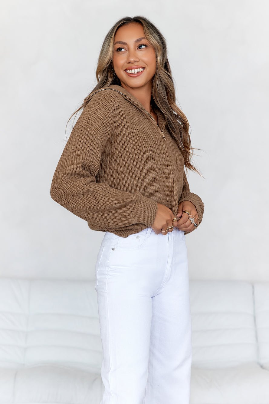 Snowfall Knitted Half Zip Jumper Brown - Image 4