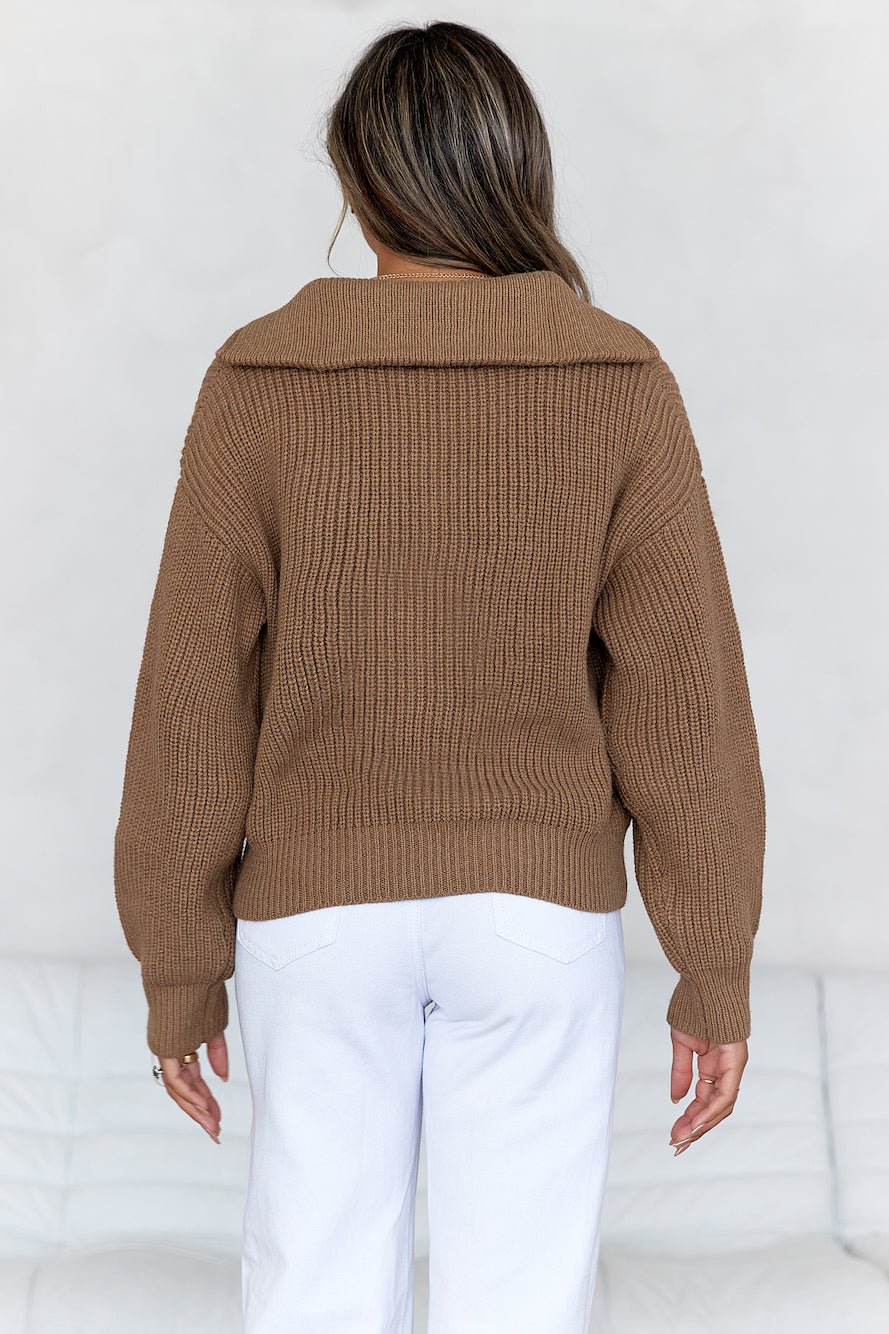 Snowfall Knitted Half Zip Jumper Brown - Image 5