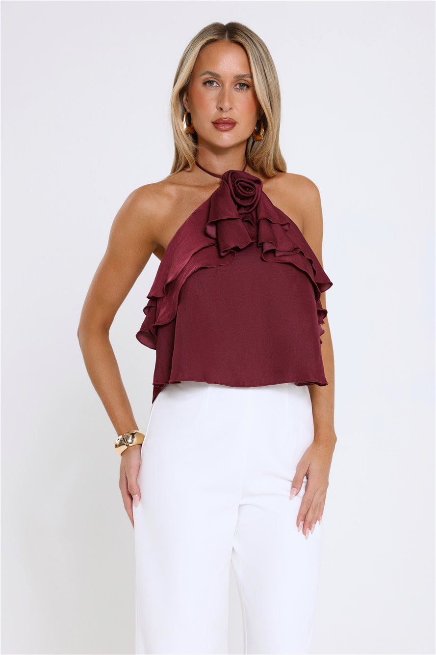Floral Pop Halter Top Merlot - Image 2