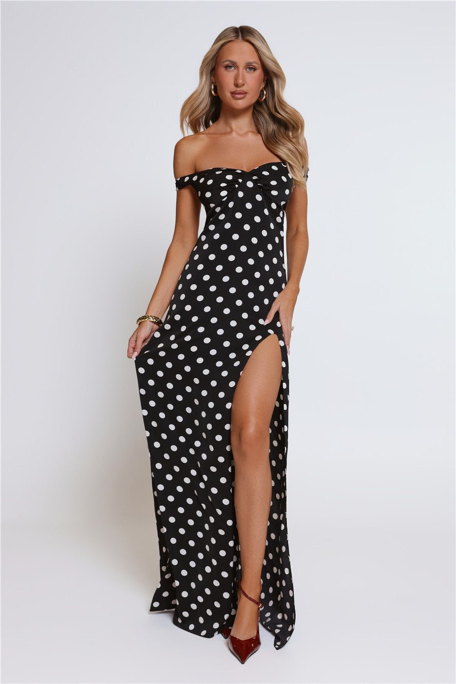 Trending Live Off Shoulder Polka Dot Maxi Dress Black - Image 4