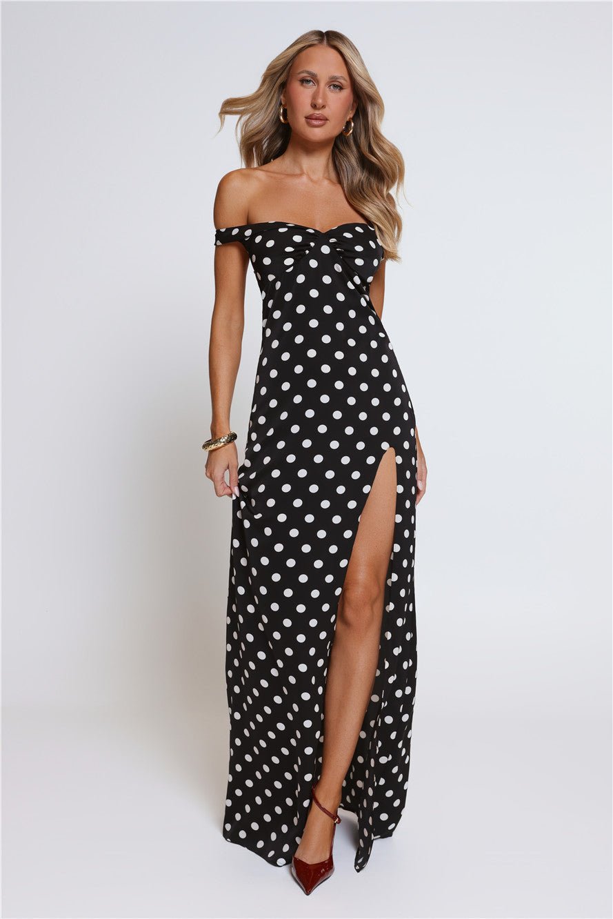 Trending Live Off Shoulder Polka Dot Maxi Dress Black - Image 2