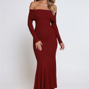 After Hours Aura Knit Off Shoulder Maxi Dress Wine