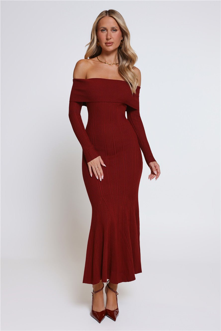 After Hours Aura Knit Off Shoulder Maxi Dress Wine