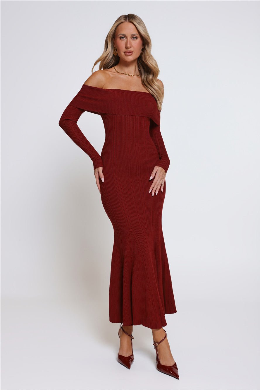 After Hours Aura Knit Off Shoulder Maxi Dress Wine - Image 5