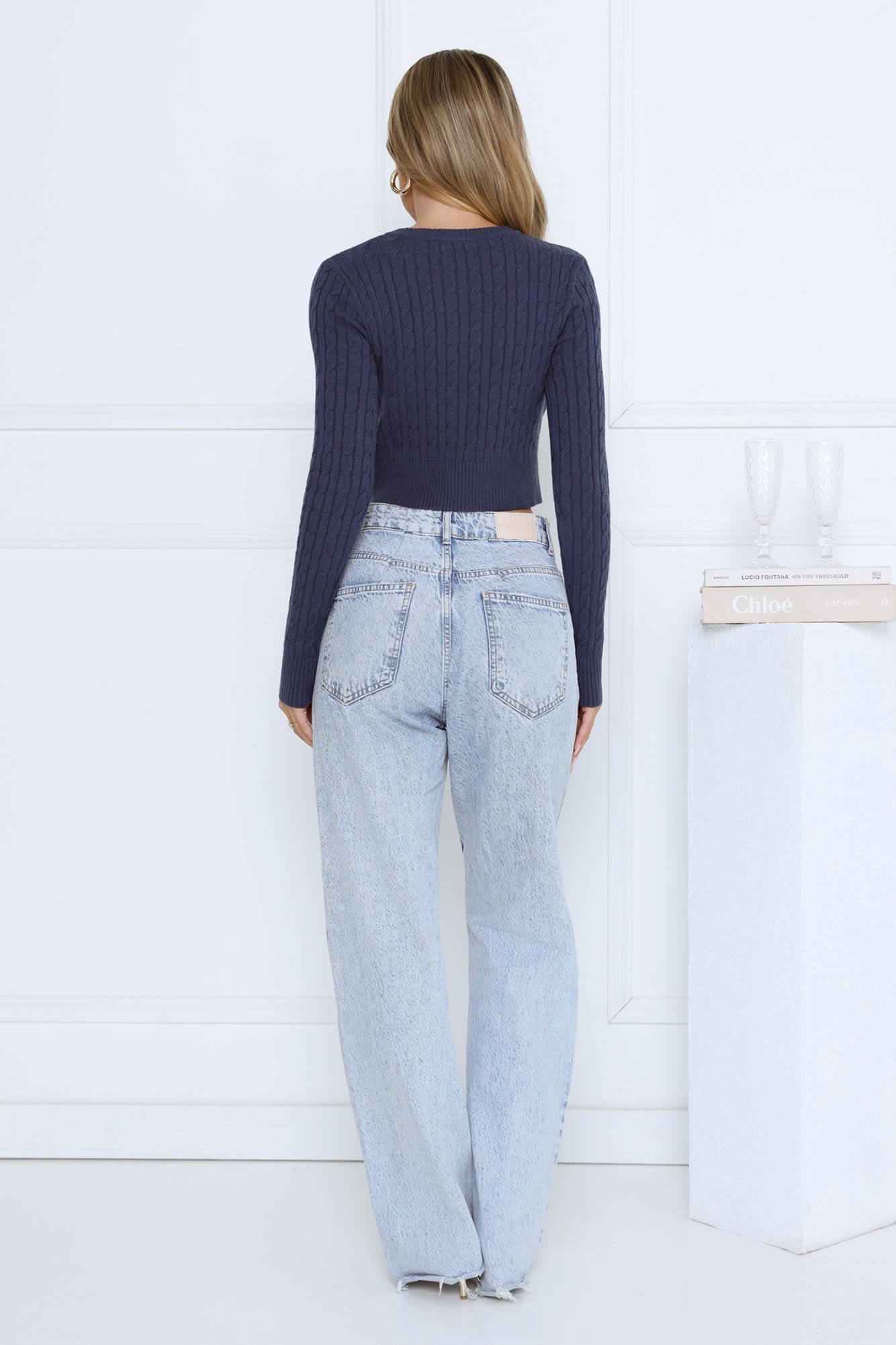 Knit Statement Cable Cropped Cardigan Navy - Image 7