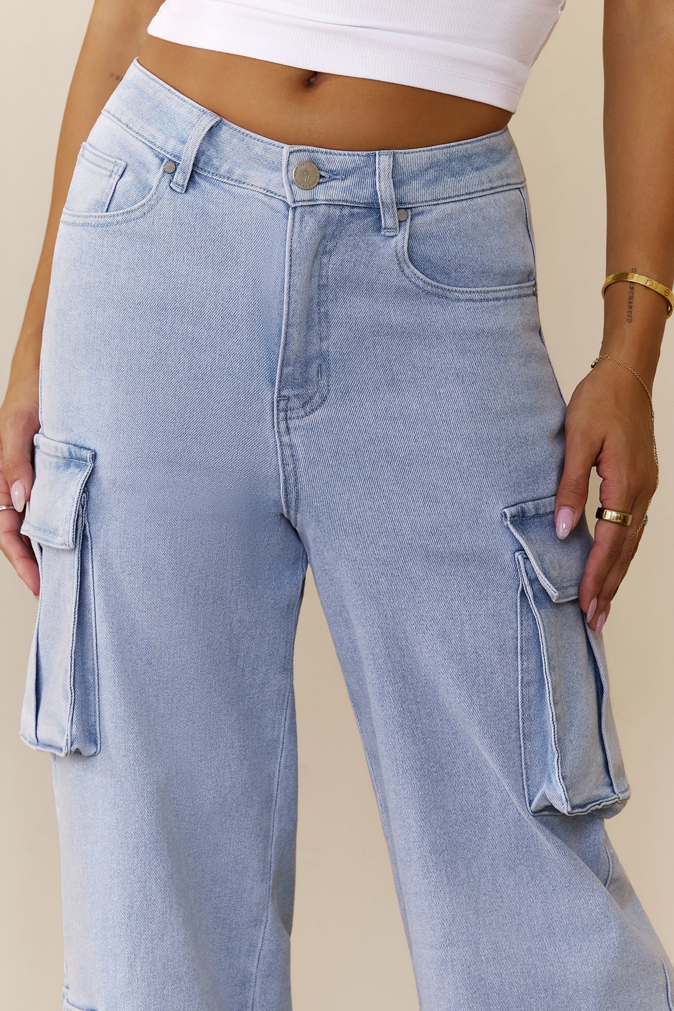 DNM High Rise Cargo Denim Jeans Light Blue - Image 5