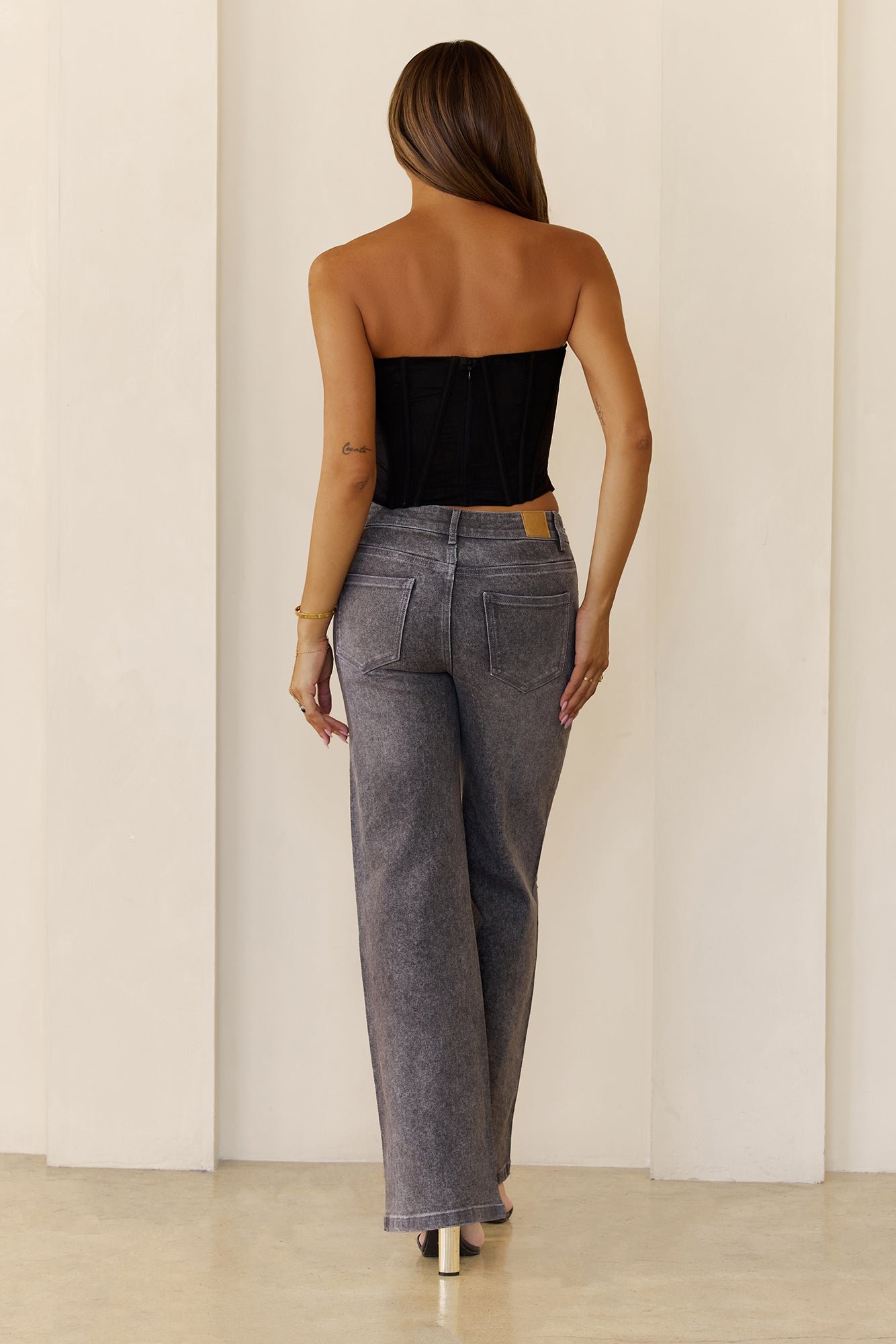 DNM Mid Waisted Embellished Straight Leg Jeans Charcoal - Image 4