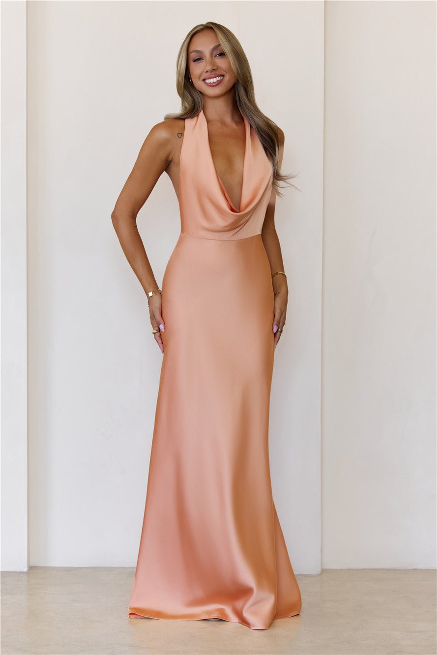 Nightfall Noir Halter Satin Maxi Dress Tangerine - Image 2