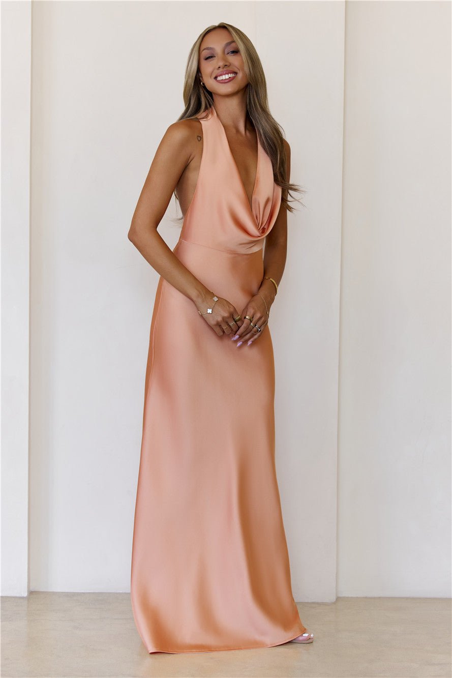 Nightfall Noir Halter Satin Maxi Dress Tangerine - Image 4
