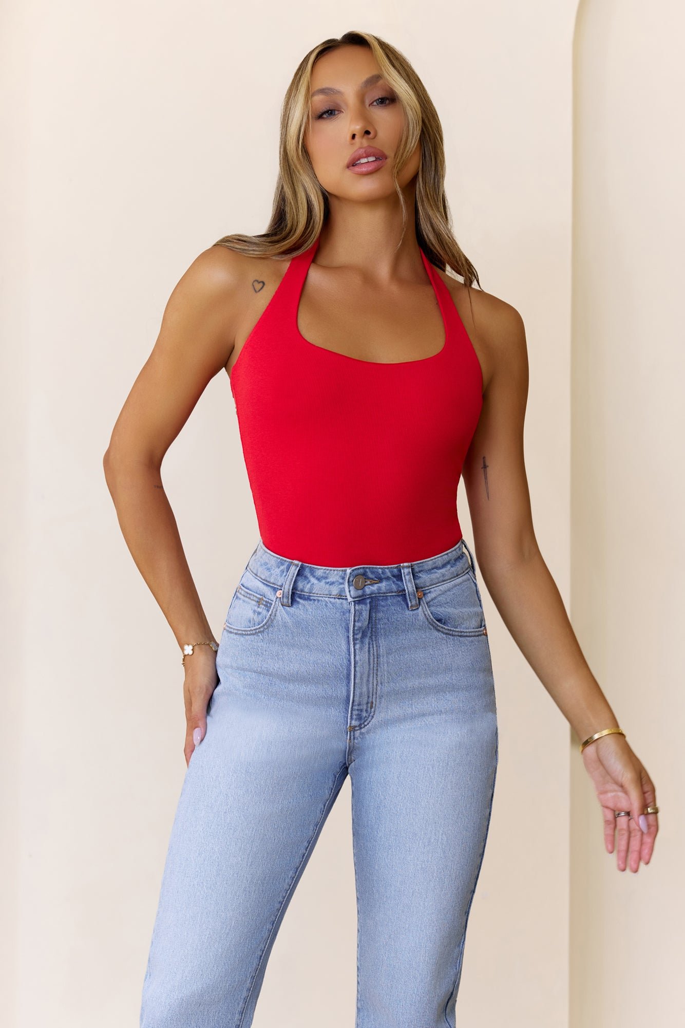BASE Luxe Rib Simple Silhouette Halter Top Red - Image 2