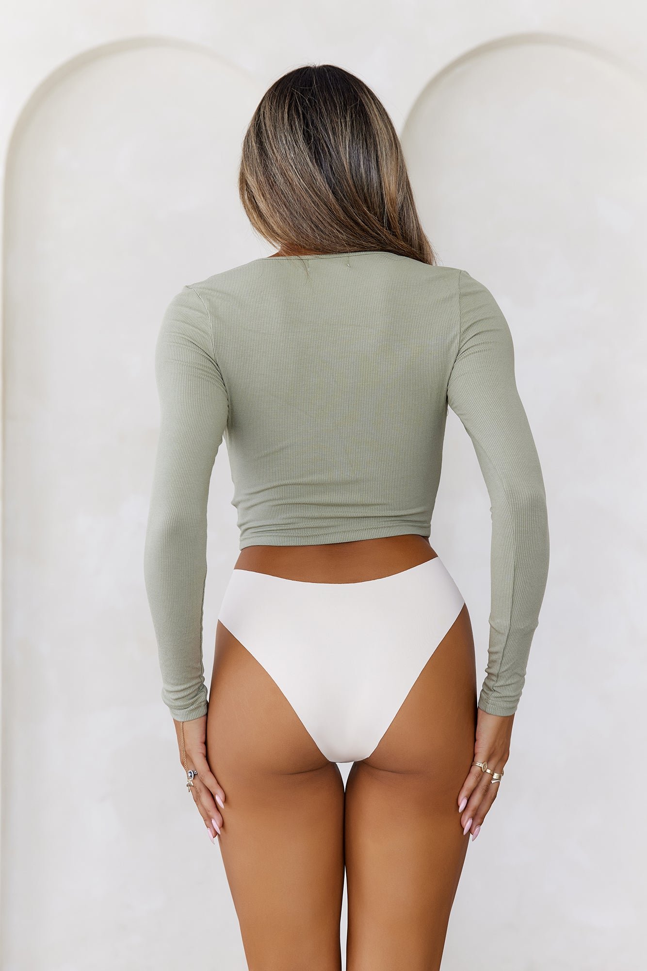 BASE The Lounge Around Ribbed Long Sleeve Crop Top Sage - Image 6