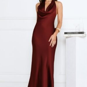 Cherry Whirl Satin Halter Maxi Dress Burgundy