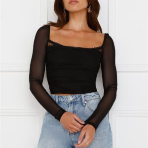 Decadent Style Mesh Long Sleeve Crop Top Black