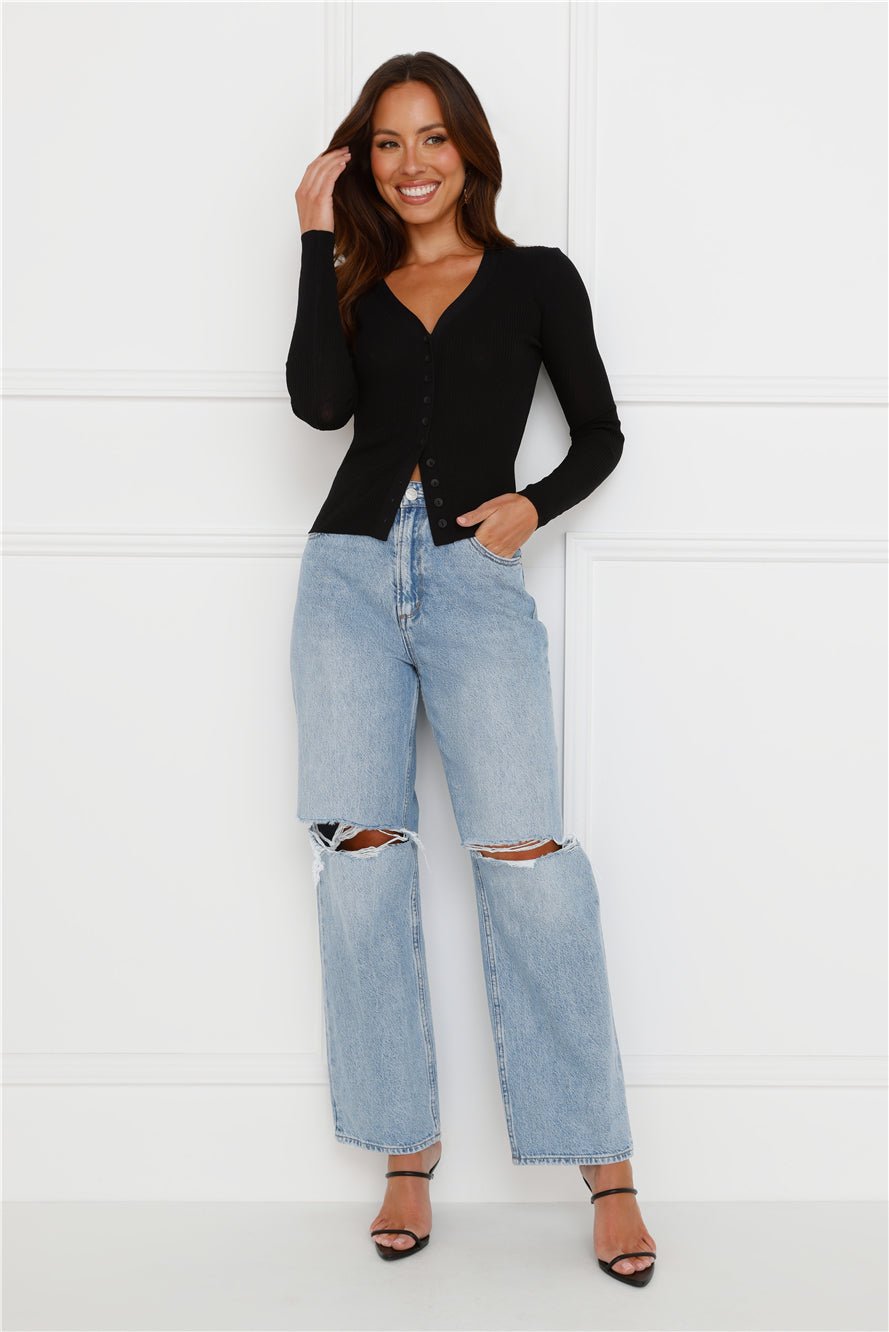 Buttoned Up Ribbed Long Sleeve Top Black - Image 2