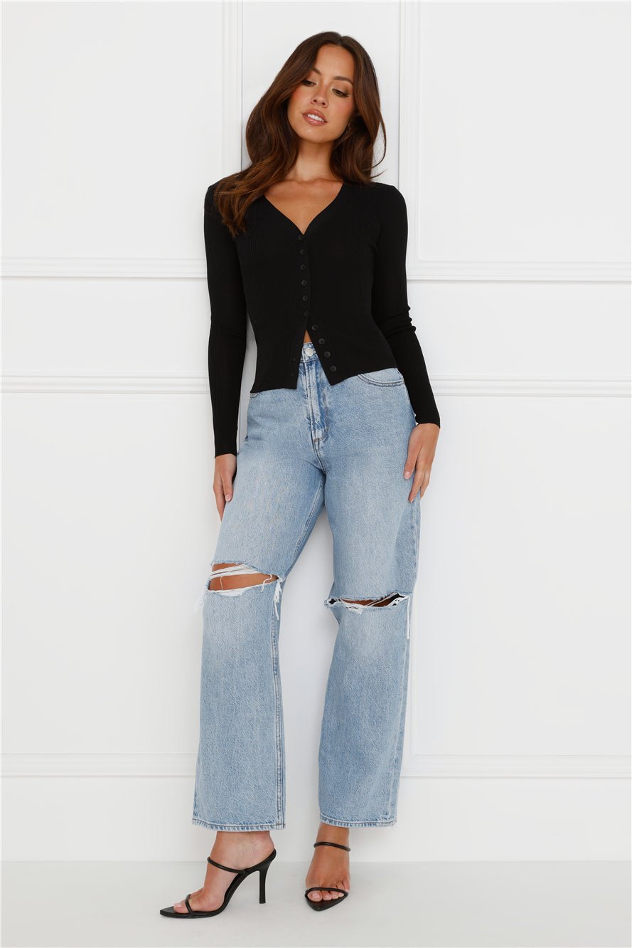 Buttoned Up Ribbed Long Sleeve Top Black - Image 4