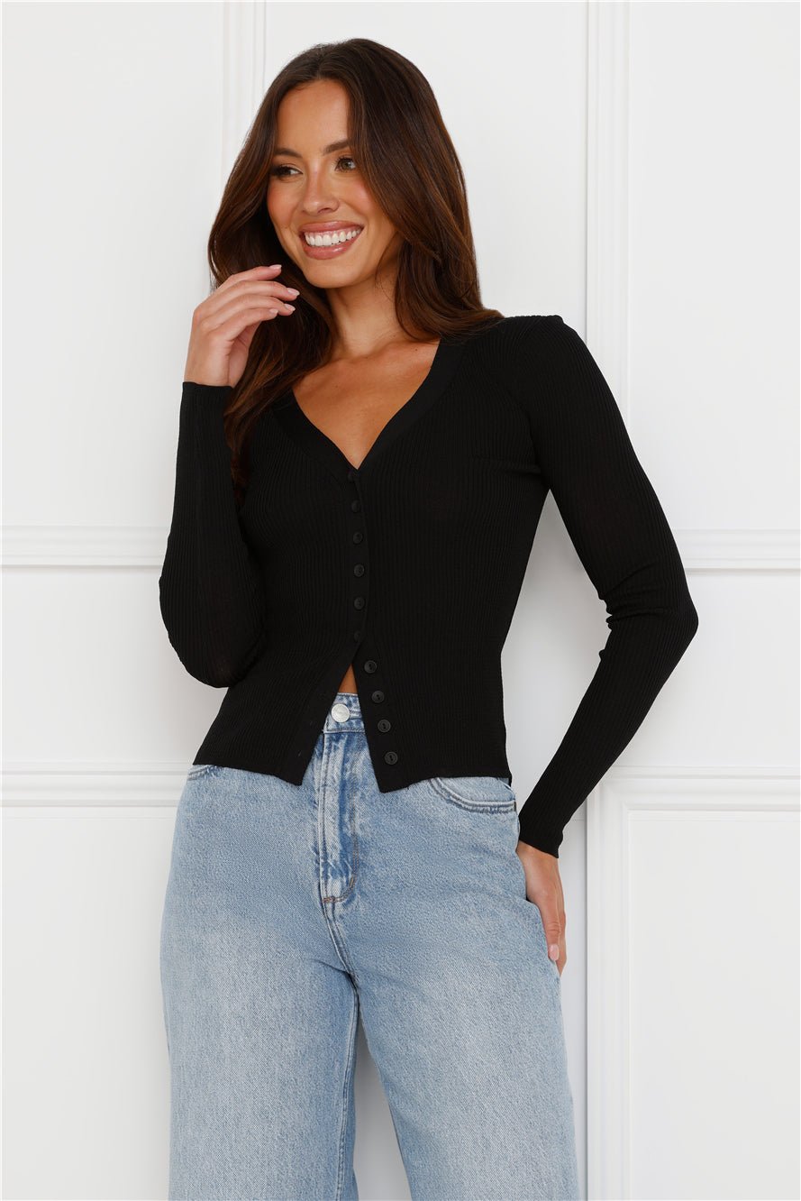 Buttoned Up Ribbed Long Sleeve Top Black - Image 3