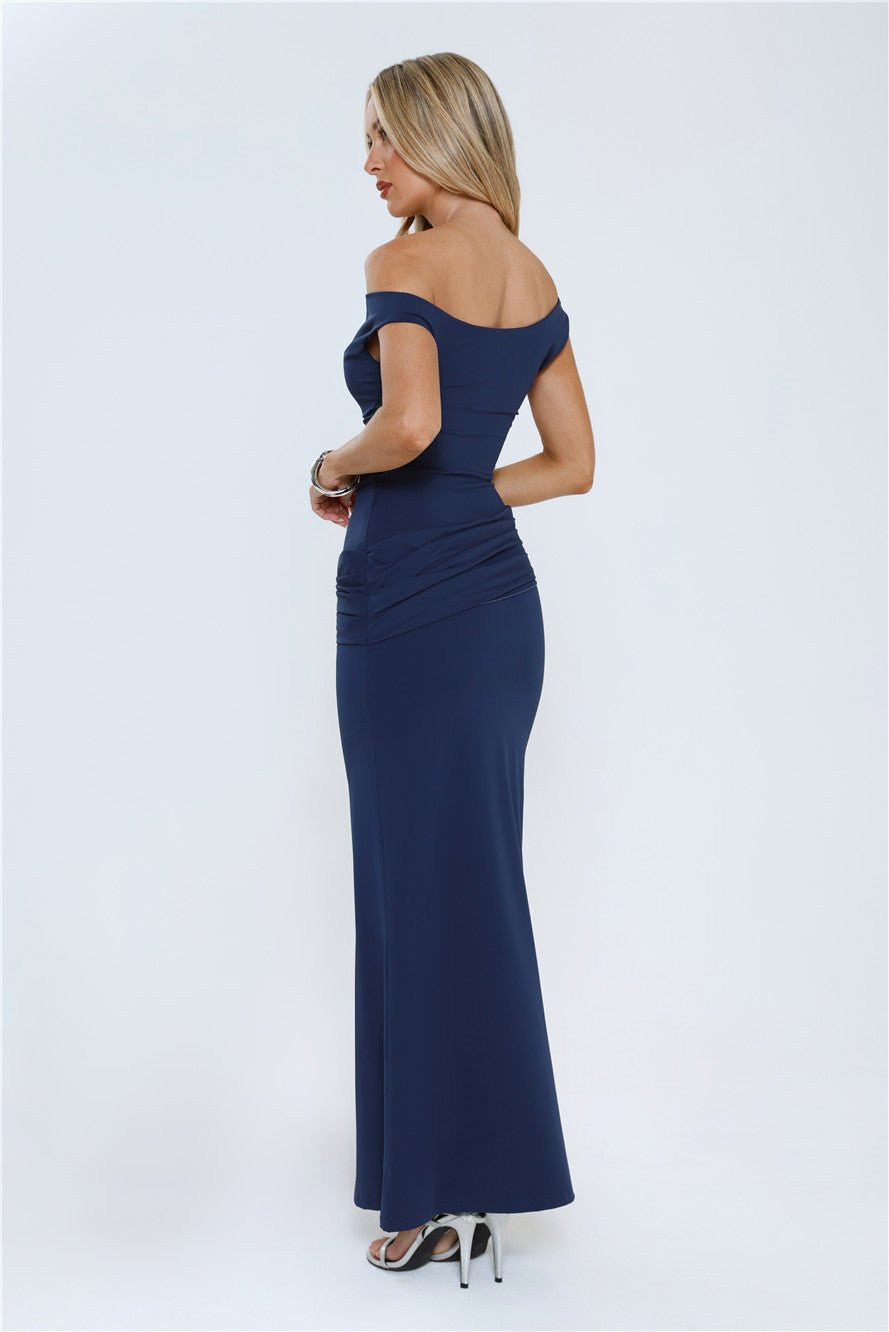Caught In The Spotlight Off Shoulder Maxi Dress Navy - Image 3