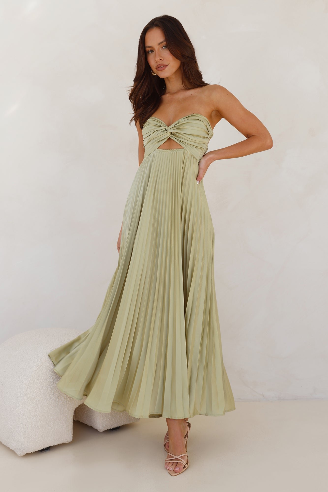 Frosted Berry Strapless Pleated Maxi Dress Lime - Image 3