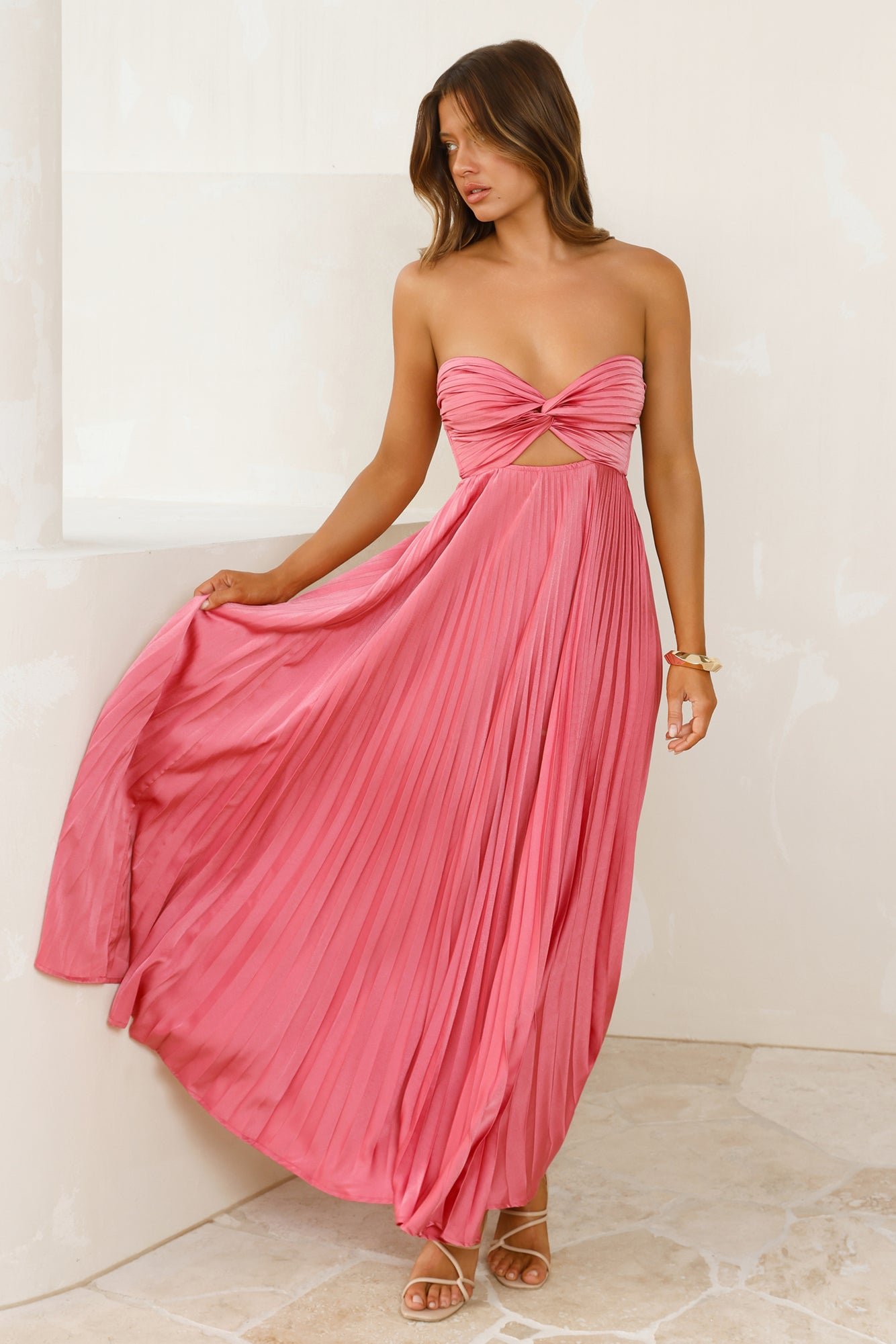 Vibes Are Priceless Strapless Satin Pleated Maxi Dress Rose - Image 2