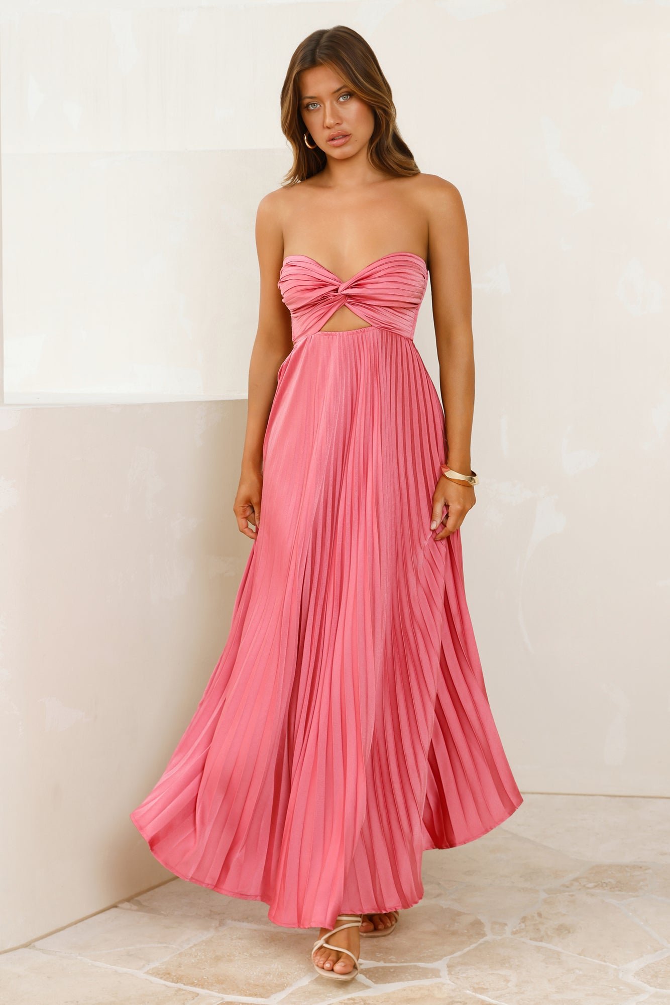 Vibes Are Priceless Strapless Satin Pleated Maxi Dress Rose - Image 3