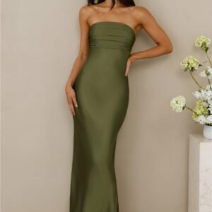 The Seraphina Strapless Satin Maxi Dress Olive