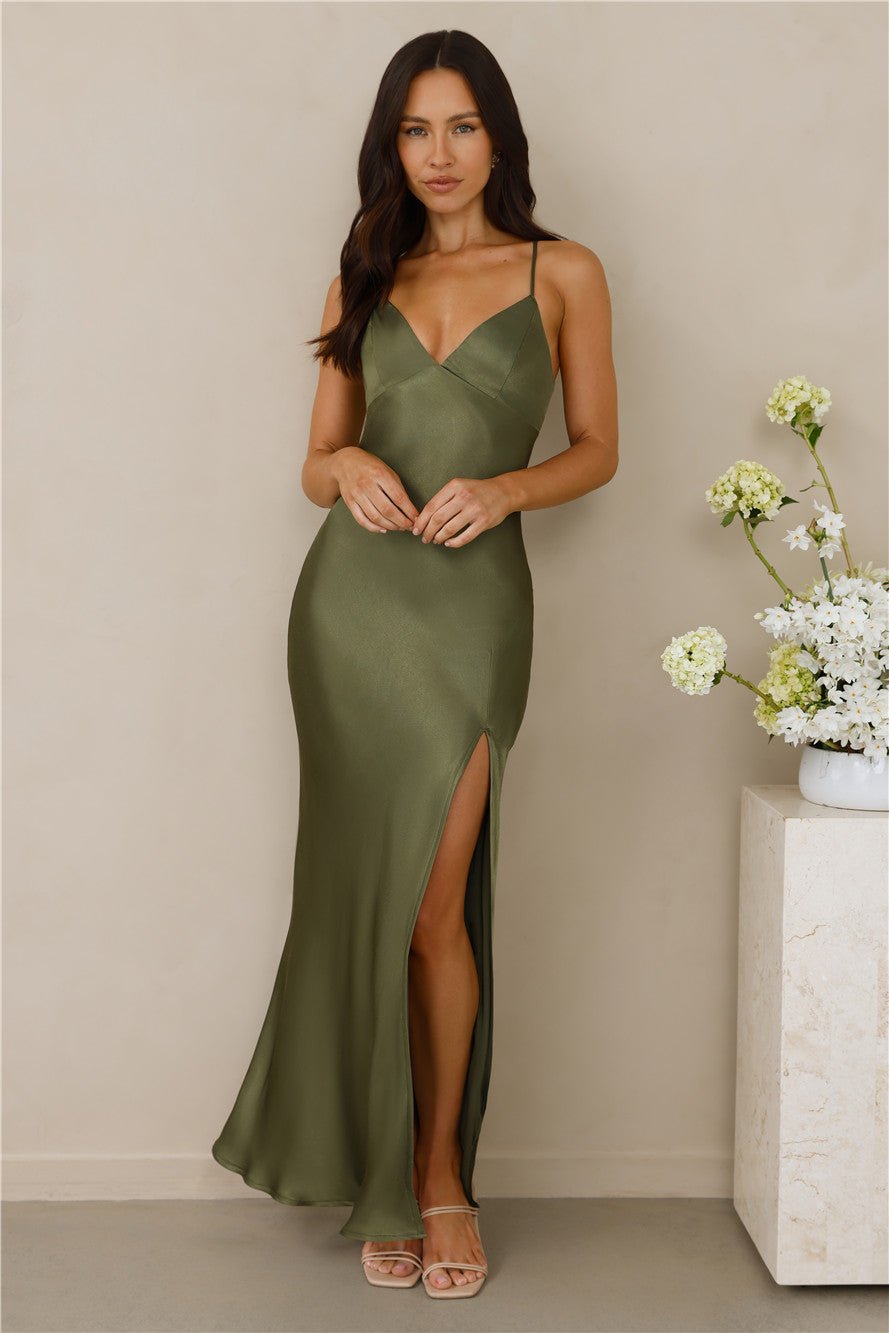 The Sophia Satin Maxi Dress Olive - Image 6