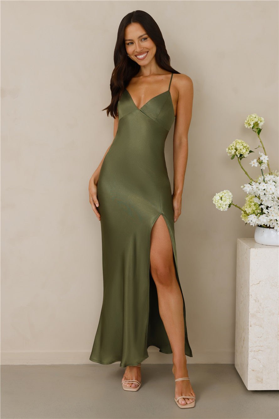 The Sophia Satin Maxi Dress Olive - Image 4