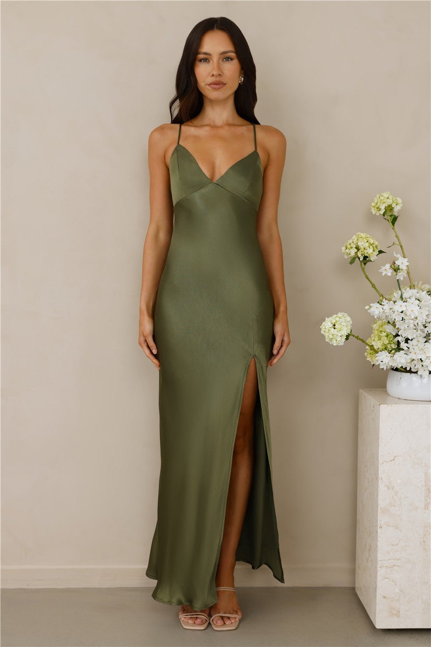 The Sophia Satin Maxi Dress Olive - Image 2