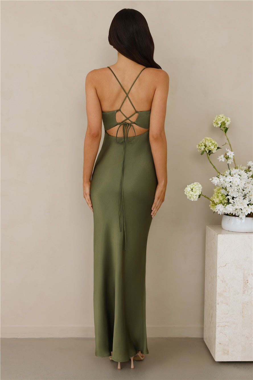 The Sophia Satin Maxi Dress Olive - Image 8