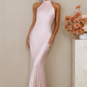 The Cleo Halter Satin Maxi Dress Pink
