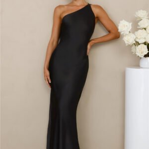 The Evangeline One Shoulder Satin Maxi Dress Black