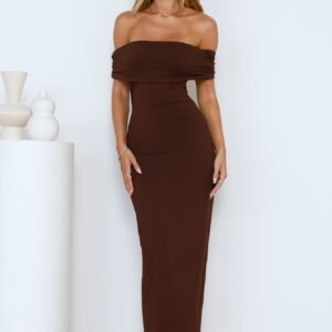 Soft Whispers Off Shoulder Maxi Dress Brown