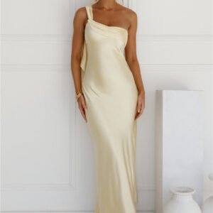 Romantic Tales Satin One Shoulder Maxi Dress Yellow