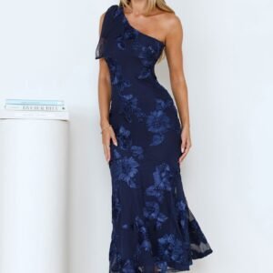 Glossy Girl One Shoulder Mesh Maxi Dress Navy