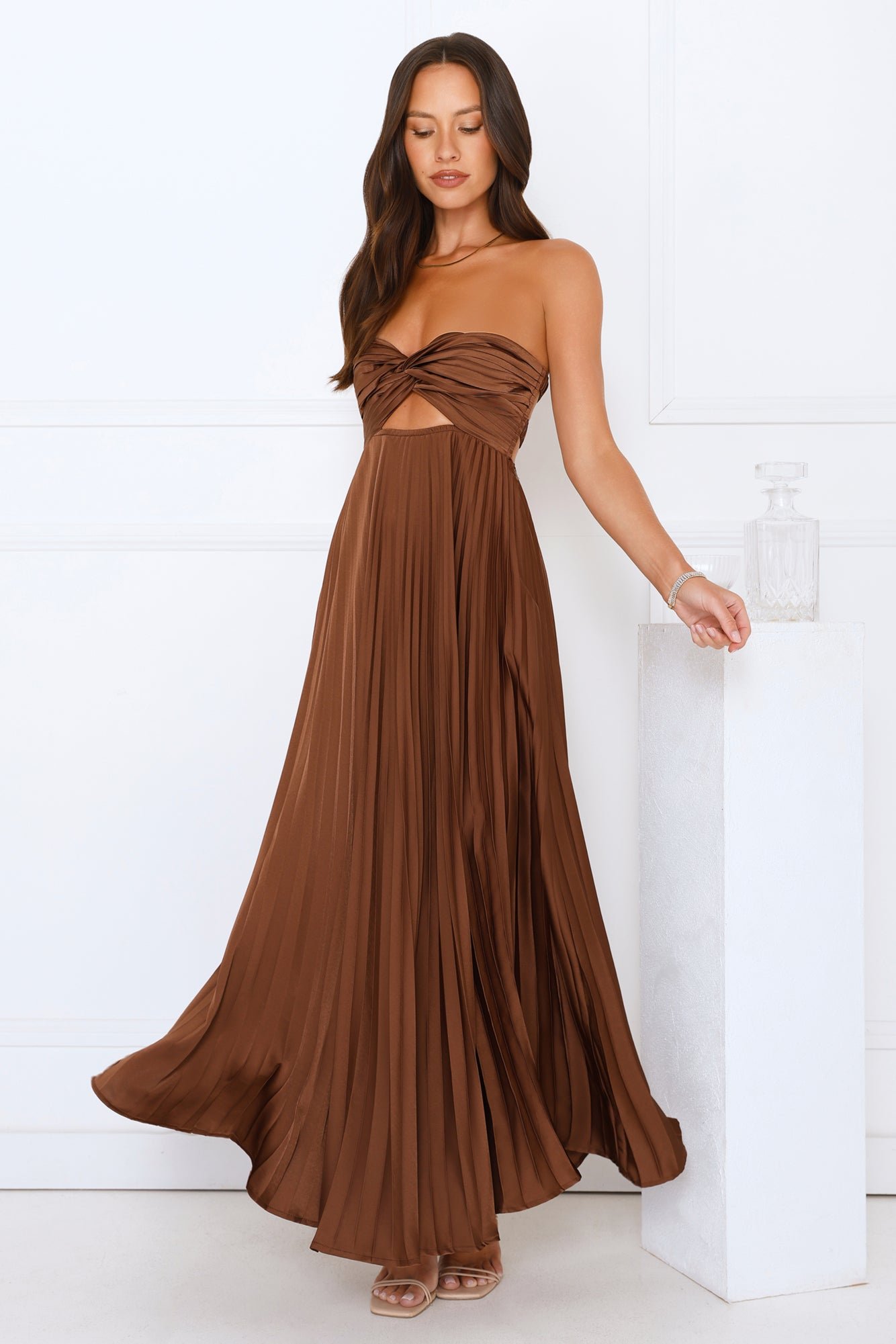 Vibes Are Priceless Strapless Satin Pleated Maxi Dress Brown - Image 5