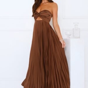 Vibes Are Priceless Strapless Satin Pleated Maxi Dress Brown