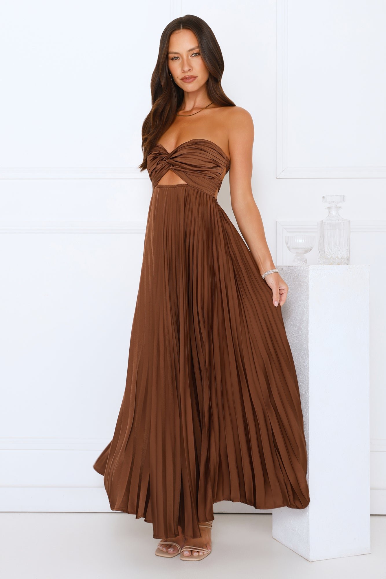 Vibes Are Priceless Strapless Satin Pleated Maxi Dress Brown