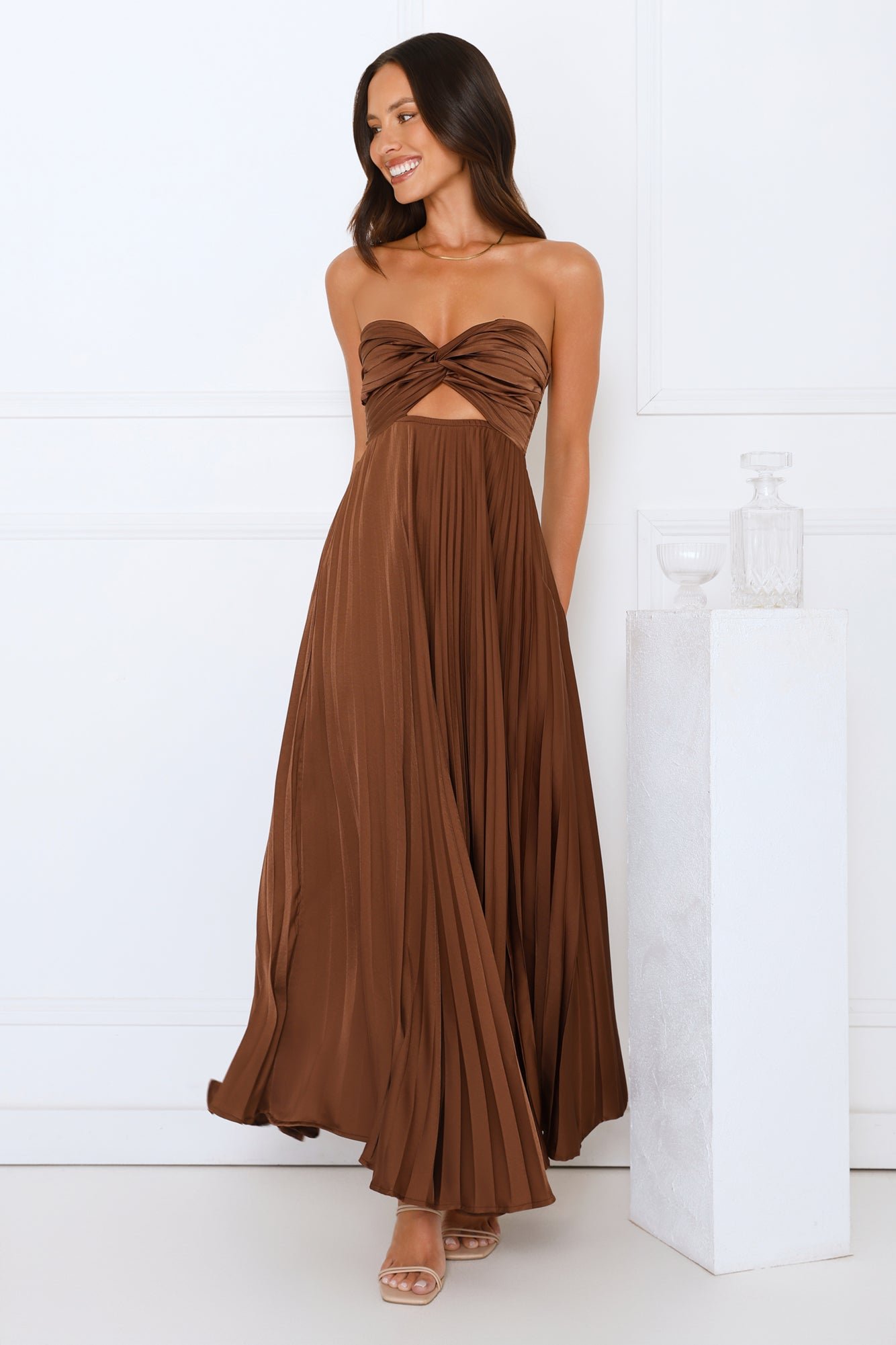 Vibes Are Priceless Strapless Satin Pleated Maxi Dress Brown - Image 4
