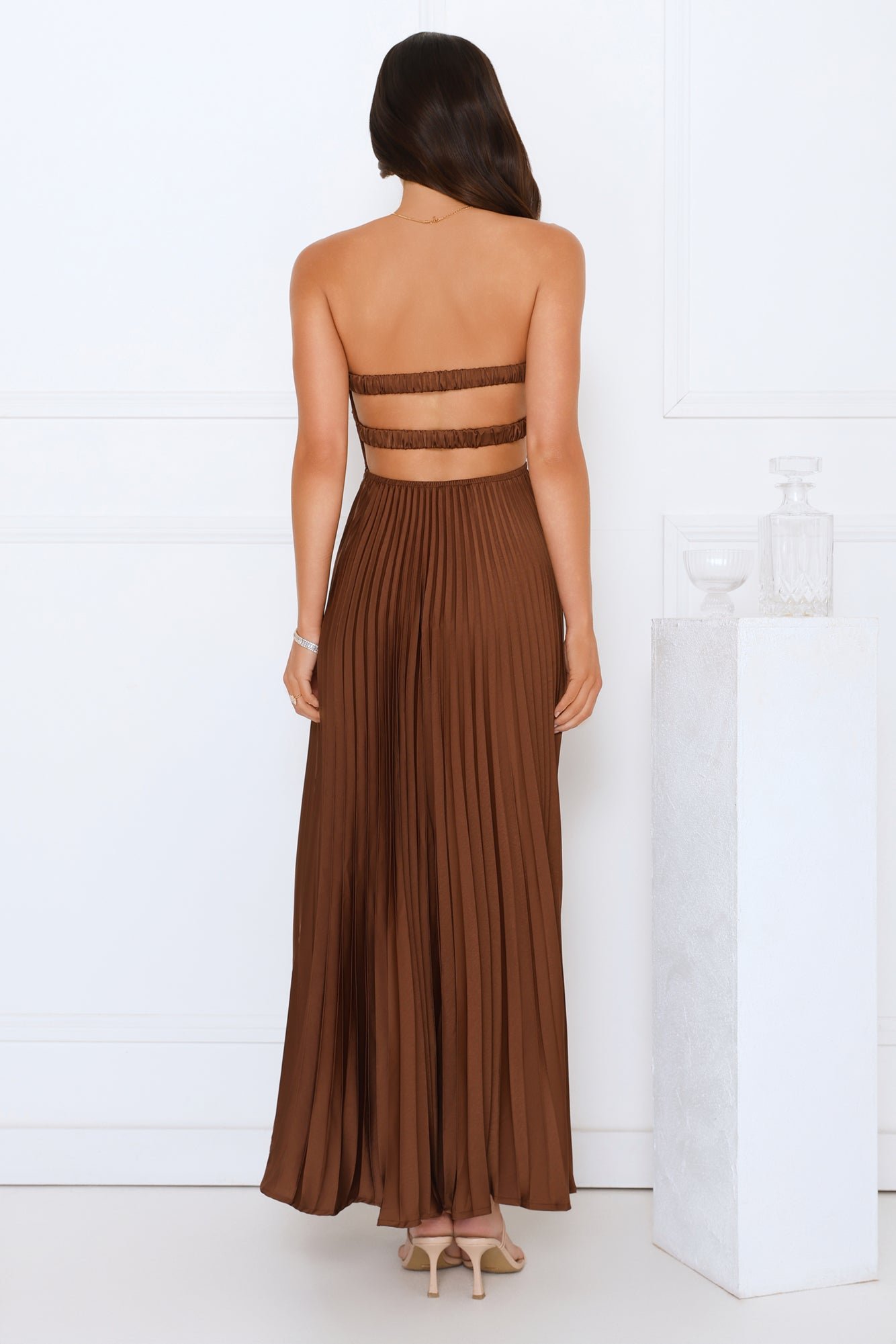 Vibes Are Priceless Strapless Satin Pleated Maxi Dress Brown - Image 7