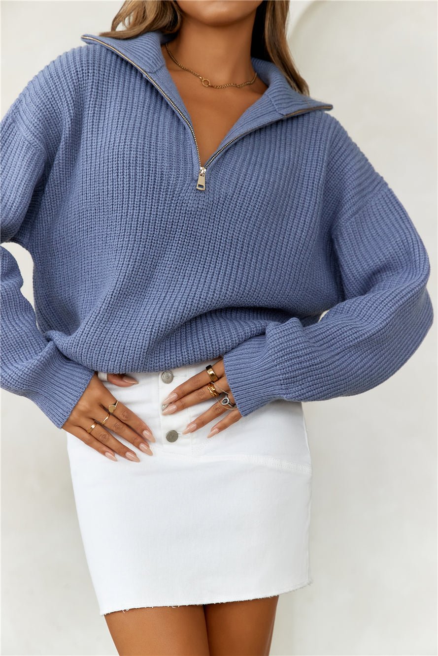 Snowfall Knitted Half Zip Sweater Blue - Image 2