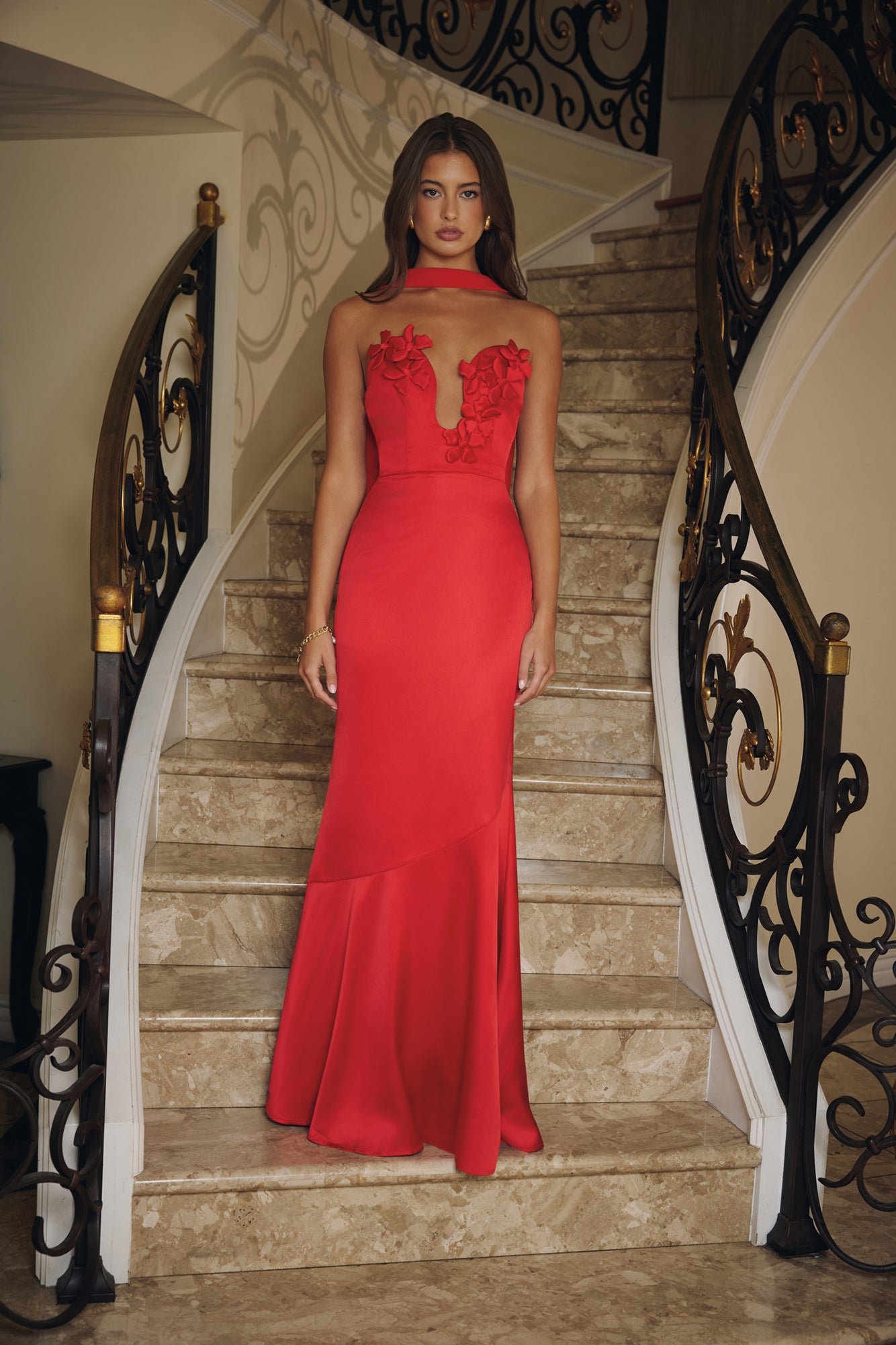 Wild Blossom Dance Strapless Satin Maxi Dress Red - Image 5