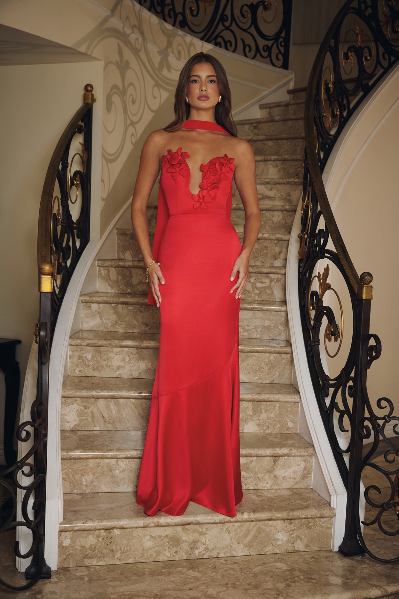 Wild Blossom Dance Strapless Satin Maxi Dress Red - Image 8