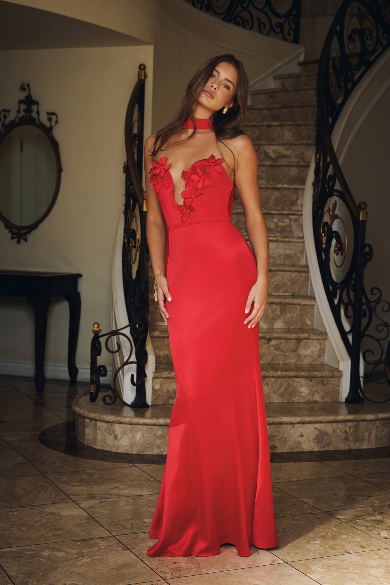 Wild Blossom Dance Strapless Satin Maxi Dress Red - Image 10