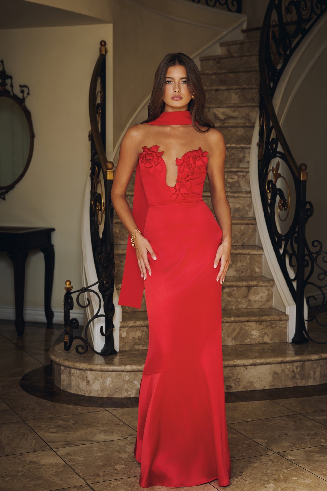 Wild Blossom Dance Strapless Satin Maxi Dress Red - Image 9