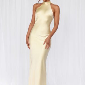 The Cleo Halter Satin Maxi Dress Yellow