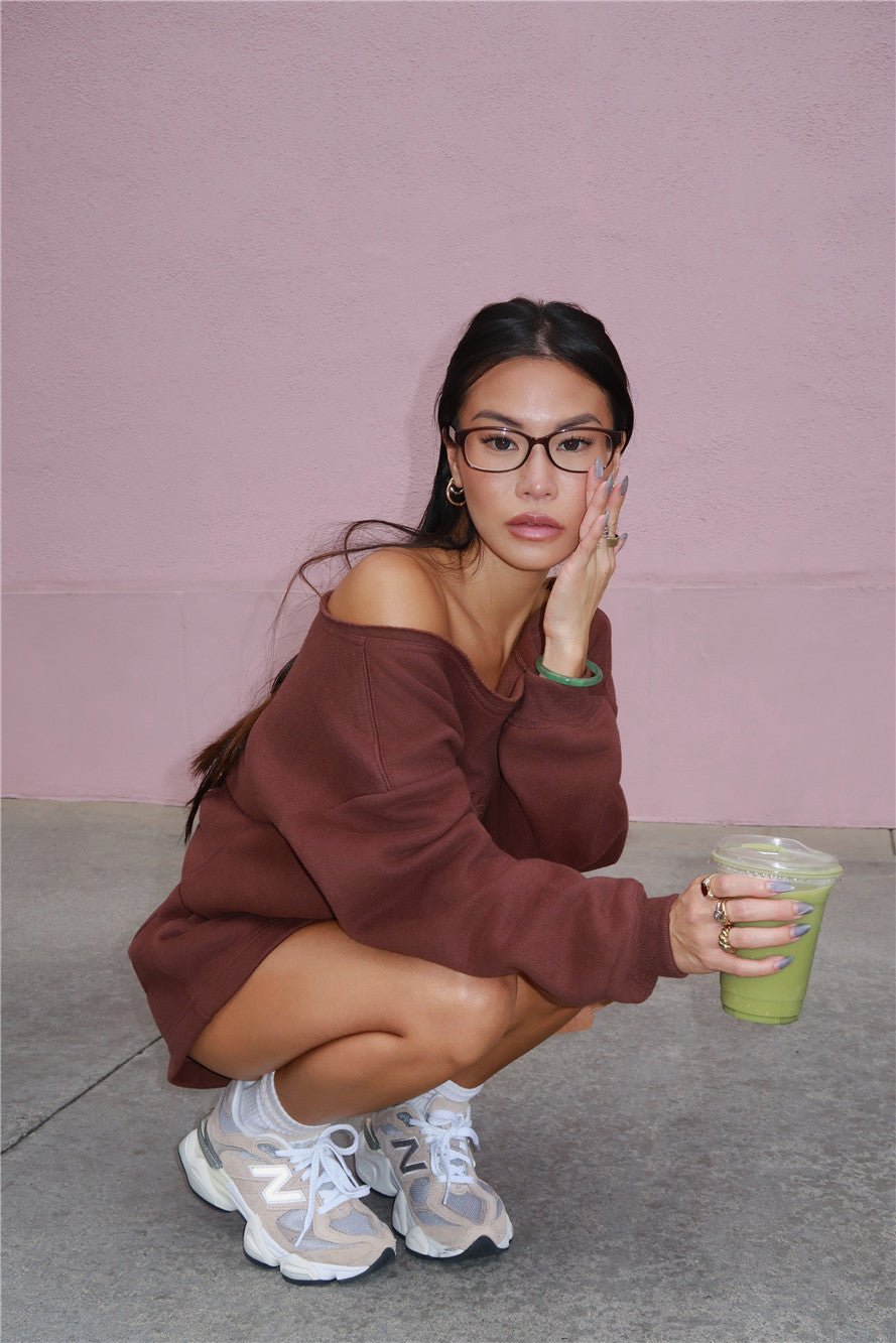 BASE Fleece Off Shoulder Sweatshirt Brown - Image 9